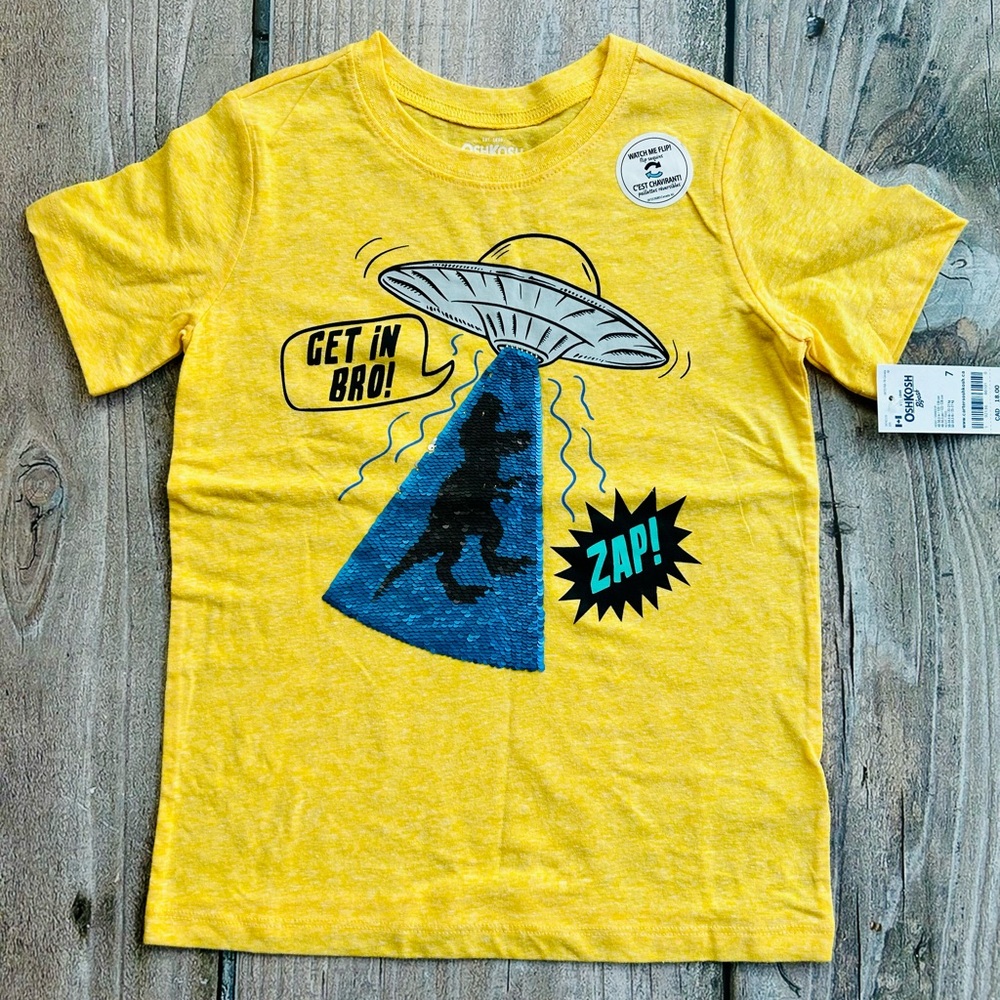 Osh Kosh size 7 Boys Yellow Short Sleeve T-Shirt With Blue UFO Graphic Sequins